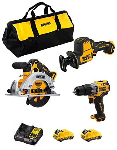 DeWALT Kit D12K301 (Handkreissäge DCS512 + Mini-Säbelsäge DCS312 + Schlagbohrschrauber DCD706 + 2 batterien 3,0 Ah + ladegerät + Tasche)