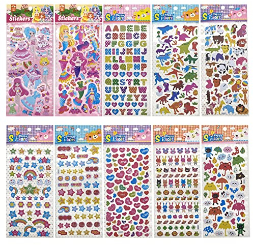 3D Aufkleber für Kinder,10 Bögen Sticker Set 3D Aufkleber Puffy Stickeralbum Mädchen Jungen Belohnungstafel Einschließlich Tiere Dinosaurier Regenschirm Stern Meerjungfrau Prinzessin Herz Buchstaben