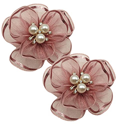 Tsangbaby 2 Pcs Pearl Flowers Shoe Clips Exquisite Rhinestone Shoes Charms Lace Floral Shoe Accessory for Wedding Pointed Toe Pumps Pink