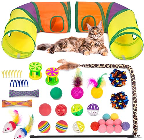 Retro Shaw 33Pcs Cat Toys, Large Cat Tunnels with Toys, Interactive Kitten Toys for Indoor Cats Kitty, Collapsible Cat Tube Tent Feather Wand Teaser Bell Fuzzy Ball Crinkly Springs Mouse