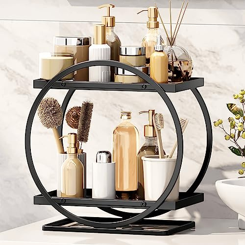 YIWANFW Bathroom Counter Organizer, Black Perfume Organizer for Dresser, 2 Tier Bathroom Organizer Countertop, Vanity Makeup Organizers, Skincare Display Tray for Bathroom Sink Storage