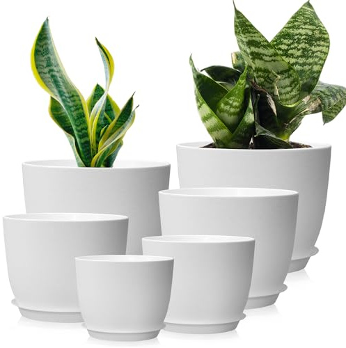 wintfarm blomkruka, 6-pack blomkruka med underlägg, 25/23/20/18/16/13 cm ytterkruka, blomkrukor med dräneringshål och brickor, set med blomkrukor perfekt för inomhus- och balkongträdgårdar (vit)