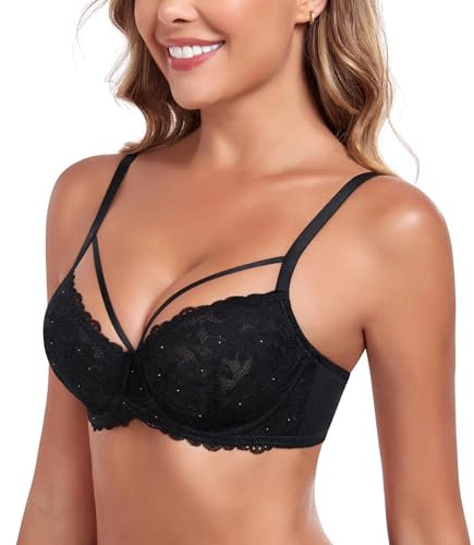 Lemorosy Push Up BH Damen Mit Bügel Große Brüste Starker Halt Ungepolster Vollschalen Spitze Blumen Große Größen BHS (Schwarz,90C)
