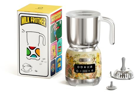 Hazel Quinn Montalatte Elettrico 5 in 1 per Cappuccino, Acciaio Inox e LED Touchscreen, Schiuma Latte Elettrico da 400 ML, Schiumatura a Caldo e a Freddo, Lavabile in Lavastoviglie, Stampa Floreale