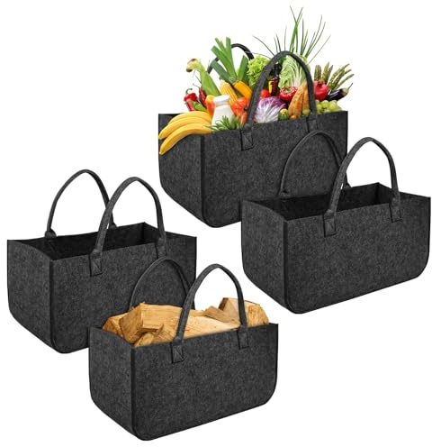 FIVMEN Lot de 4 sacs en feutre pliables avec poignées - Pour bois de chauffage - 50 x 25 x 25 cm - Gris foncé