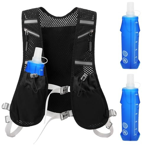 Laufweste für Damen und Herren, Running Vest mit 2X 500ml Trinkflasche, Reflektierender Laufrucksack, Verstellbarer Trinkweste Laufen, Marathon Zubehör, Lauf Weste für Läufe, Radfahren, Trails