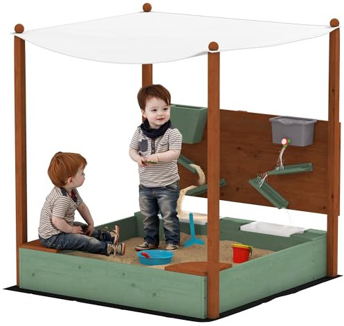 AIYAPLAY Sandkasten mit Abdeckung 116 x 112,5 cm aus Massivholz Imprägniert Kinder Sandbox mit Sitzbänken Bodenvlies Sandspielzeug, Sandkiste für Outdoor Terrasse Balkon Garten