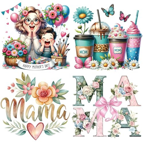 4 Pcs Mother Day Iron On Patches for Clothing Pink Mom Iron on Transfers Mama Flower Iron on Letters Patches for Clothes T-Shirts Jeans Jackets Bags DIY Heat Transfer Decals (1.Mama)