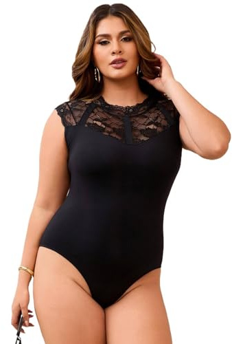 comeondear Spetsbody, elegant, ärmlös, sexiga bodys för kvinnor, sommar, bodysuit, kvinnor, stora storlekar, spets, toppar, traditionell body, stretchig spets, linne, blusbody med knappar i grenen