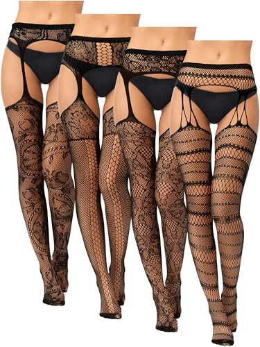 Bencailor 4 Pairs Women Fishnet Thigh High Stockings Suspender Patterned Tights Black Garter Belts Pantyhose Tights for Women(M)
