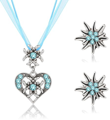 TOWLEING 3 Stück Dirndl Schmuck Damen Set Wiesn Traditionell Dirndl Schmuck Accessoires Trachtenkette & Ohrstecker mit Herz Design und Glitzersteinen für Dirndl Trachten