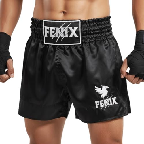 Muay Thai Shorts Kickboxing MMA Black Boxing Trunks BJJ Sparring Grappling Fighting Combat Sports Martial Arts Workout Clothing Gym with Drawstring (UK, Alpha, M, Regular, Regular, Black/White)