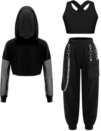 Sinleey Fille Ensemble de Costume Vêtements de Danse Hip-hop Enfant Crop Top et Sweat à Capuche avec Pantalon Jogging Cargo 3 Pièces Tenue Moderne Jazz