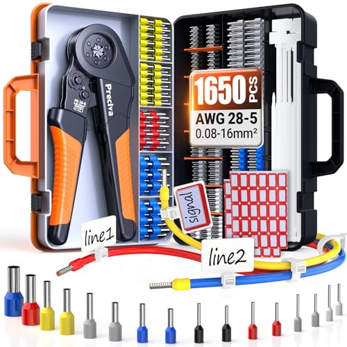 Crimpadora con Punteras Electricas, Juego Completo 1500 Terminales + Bridas y Etiquetas, Alicate de Crimpar 0.08-16mm², Ferramentas Cables Eléctricos para Cable AWG28-5