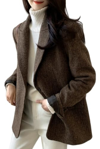 Blazer Mujer - Blazer De Tweed con Espiga para Mujer Chaqueta De Traje Informal De Oficina con Abertura Frontal Elegante Gabardina De Mezcla De Lana De Dos Botones Abrigo De Invierno Tipo Trenca Abr