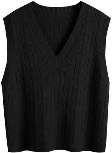 SUNSESS Women's Cable Knit Sleeveless Jumper V Neck Pullover Sweater Vest Chunky Ribbed Gilet for Layering, Office & Casual Preppy Style (UK, Alpha, M, Regular, Regular, Standard, Black)