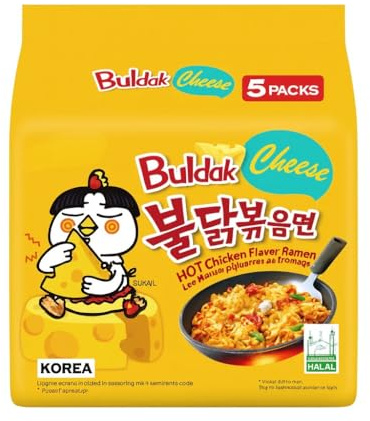 Cheese flavour Buldakk Halal Ramen – Korean Hot Instant Noodles Multipack, Fiery Chicken Flavour – 5 x 140g