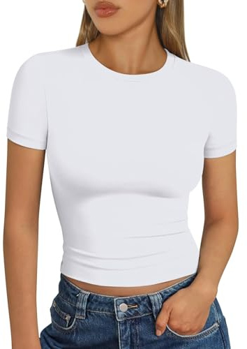 LILLUSORY Crop Tops Short Sleeve T Shirts for Women UK Summer Going Out Basic Slim Fit Tshirts Gym Workout Y2k Clothes