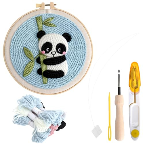 XRVRILE Kit Punch Needle Principianti, Punch Needle Kit Completo con Forbici, Kit Ricamo Principianti con Motivo Panda Prestampato, Ago Punch Needle per Ricamo Fai da Te Rilassante, per Adulti