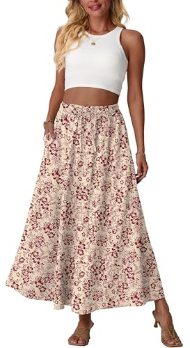 QIXING Kvinnors Långa Fladdrande Maxikjort Hög Midja Boho Sommarkjol A-linje Kjoler för Kvinnor UK Elastisk Midja med Fickor, L