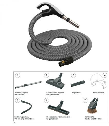 Set di tubi con tubo di aspirazione SWIVEL, 8 pezzi, adatto per aspirapolvere centrale BVC EBS, lunghezza 6 m.