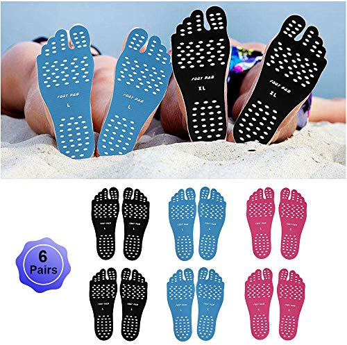 Beach Foot Pads Barefoot Adhesive Invisible Shoes Stick on Foot Pad Stickers Stick on Soles Anti-Slip Waterproof Silicone Unisex Footing Pad For Surfing Swimming 6 Pack Black Blue Rose 7-9.5 Size