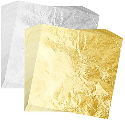 FEPITO 200 Blätter Imitation Blattgold,Blattsilber für Kunst Projekt Handwerk Dekoration,Vergoldung Handwerk,DIY Kreation (14x14cm)