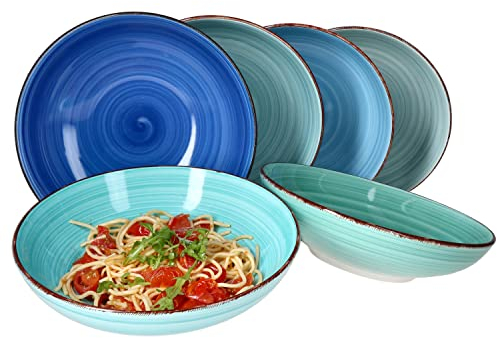 MamboCat Blue Spaghetti-Teller Set 6-teilig I Pasta-Teller tief Ø 23,5 cm I Salat-Schale 800 ml I Steingut-Set in 6 verschiedenen Blau-Tönen I Suppen-Schalen spülmaschinengeeignet