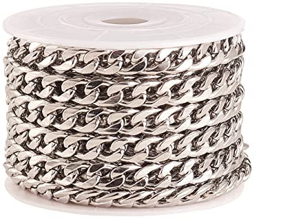 Ipotkitt Catena a maglia cubana non saldata in acciaio inossidabile 304, 5 m, con bobina, per accessori fai da te, 7,5 x 2 mm