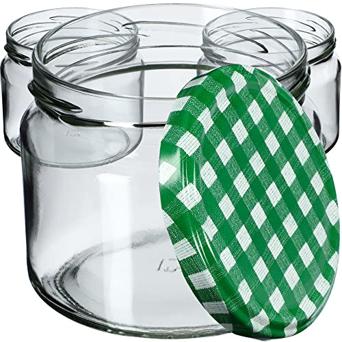 KADAX Lot de 100 bocaux à confiture avec couvercle à visser - 330 ml - Bocaux de conservation pour confitures, confitures, miel - Avec couvercle à visser (vert à carreaux)