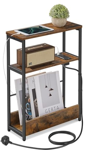 VASAGLE Slim Side Table with Charging Station, 3-Tier Narrow Bedside Table, End Table for Small Spaces, Magazine Rack, for Living Room, Bedroom, Study, Rustic Brown and Ink Black LET335K03
