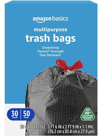Amazon Basics 30 Gallon Flextra Strength Multipurpose Drawstring Trash Bags, 20% Post Consumer Recycled Material, Tear Resistant, Black, 50 Count