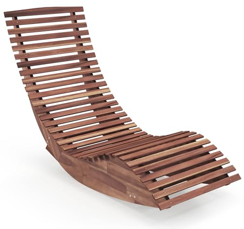 COSTWAY Chaise Longue à Bascule en Bois d'Acacia, Bain de Soleil à Lattes, Chaise Extérieur Ergonomique à Dossier Haut, Transat pour Jardin Terrasse Porche Piscine, Charge 160 KG (1)