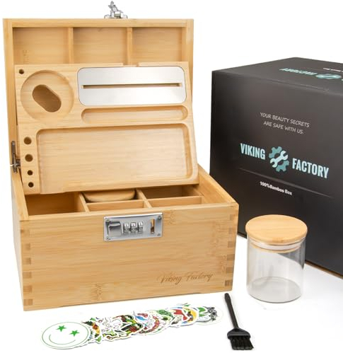 Viking Factory Premium Bambus-Box Groß mit Zahlenschloss, Rolltablett & Zubehör - Dekorative Aufbewahrungskiste aus Holz (Yello, 24x18x14cm)