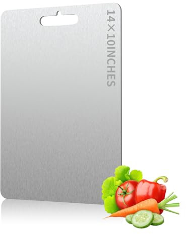 Tabla de cortar Gantok de titanio y acero inoxidable de doble cara, duradera, no tóxica, de grado alimenticio, para carne, verduras, frutas (14L x 10W, Plateado)