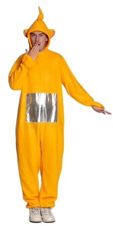 Partychimp TV Karaktär Kostym för Vuxna Mjuk Plysch Onesie Rolig Dräkt Karneval Rollspel Jumpsuit Pyjamas med Huva Unisex Röd Gul Lila eller Grön Storlek S, M/L eller XL (Gul, M/L)
