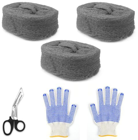 Stahlwolle Fein 0000 3 Rollen Wirksam Stahlwolle Gegen Mäuse Edelstahlwolle Mäuseabwehr Steel Wool mit Arbeitshandschuhen und Schere