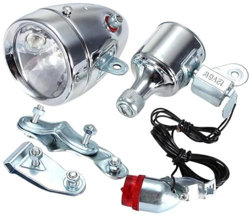 XJKLBYQ Dynamo Bike Light Set, Bicycle Front Headlight Rear LED Safety Light, 12V 6W Retro Waterproof Modification Motorized Bike Lights Front and Back for Night Riding, Silver