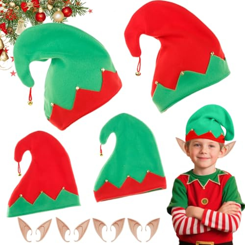 GTJEOI 8pz Kit Cappello Elfo Verde, Cappello Elfo Natale con Campanelle, 4PCS cappello elfo Natalizio 4 Paia Orecchie da Elf, Feltro Cappell-o da Elf-o di Natale per Bambini Adolescenti Adulti
