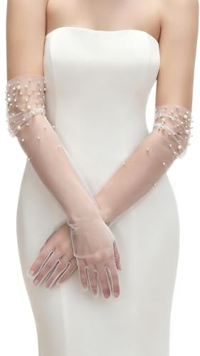 NEUTREHK Bridal Gloves Long with Pearl,Tulle Wedding Gloves,Sheer Women Sleevs,for Wedding Bridal Dance Opera Tea Party
