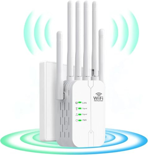 WLAN WiFi Repeater mit 6-Antennen,2 Ethernet-Ports,WLAN Verstärker Abdeckung bis zu 200 m²,WiFi Extender mit Routern/Repeater/AP Modus,Kompatibel mit verschiedenen Routern und Netzwerkgeräten