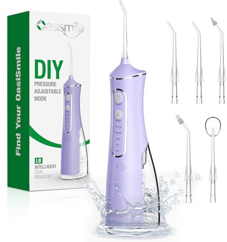 OasiSmile Jet Dentaire Hydropulseur: 5 Embouts Rotatifs 360°, 4 Modes & DIY Pression Réglable, Nettoyage Dents, Irrigateur Oral Étanche IPX7, Hydropulseur Portable 300 ML, Maison et Voyage, Violet