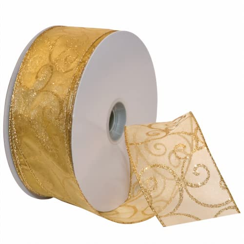 Morex Ribbon 7416.60/50-634 Swirl 2.5 X 50 YD Nylon Sheer Curling Wired Glitter Ribbon, Gold, Holiday Ribbons for Crafts and Christmas Decorations, Gift Wrapping