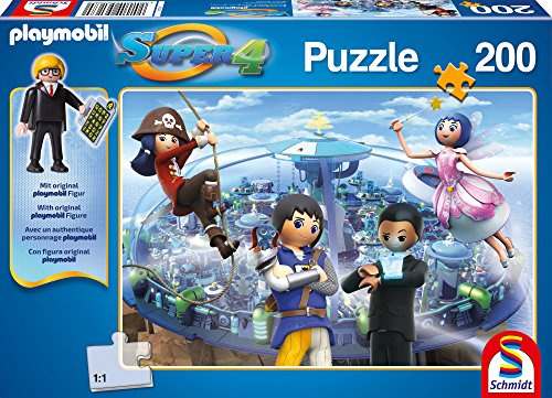 Schmidt Spiele 56168 Puzzle Super 4 – Technopolis mit Einer originellen Playmobil-Figur, 200 Teile