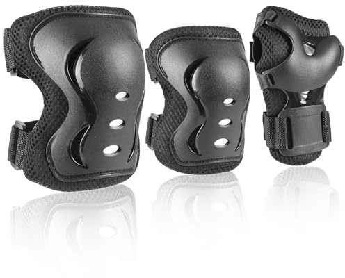 JBM Adult/Youth Knee Pad Elbow Pads and Wrist Guards Protective Gear Set for Sateboarding Cycling Roller Skating Inline Skating Scooter Riding Sports BMX Biking Sports (Black)