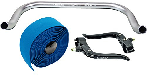 Permanent cykel bullhorn Fixie Singlespeed racercykel triathlon-styre silver 440 mm med matchande bromsspak och blått styrband