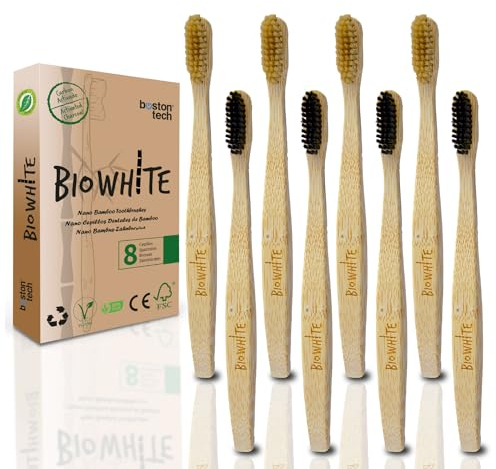 Biowhite Bamboo Toothbrushes, Soft Bristle Brushes, BPA Free and Activated Carbon Set of Natural and Ecological, Biodegradable and Compostable Bamboo Toothbrushes (4)