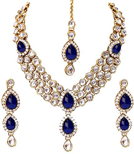 Aheli Indian Traditional Bollywood Kundan Maang Tikka Earrings Necklace Set Ethnic Bharatanatyam jewellery set Gift for Women (Green) (Blue)