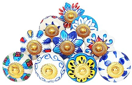 Ajuny Lot de 10 Boutons en Céramique Bleu et Blanc – Poignées de Meuble Décoratives pour Tiroirs Coffre Placards Cuisines Salles de Bain Commodes et Armoires Décoratifs en Poterie