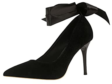 JOEupin Sandali da donna con tacco a spillo e lacci e cinturino alla caviglia, abito da sposa, nero, 4